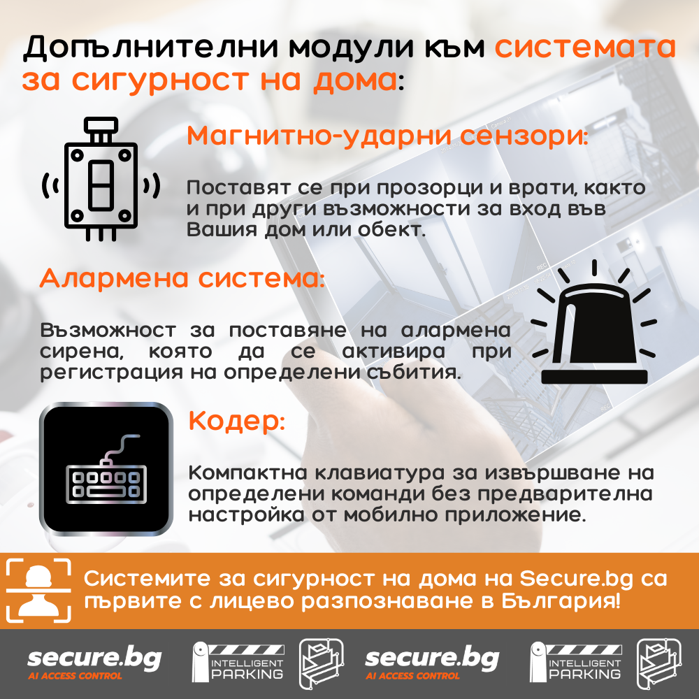 Допълнителни модули към система за сигурност на дома: магнитно-ударни сензори, алармена сирена и кодер. Инфографика.