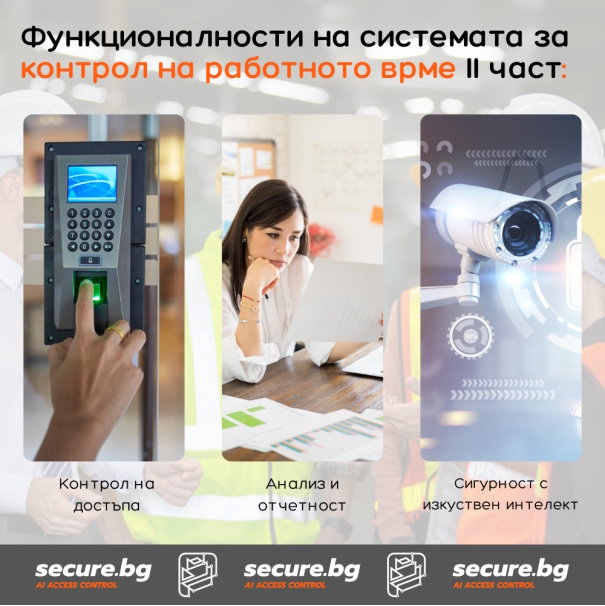 Secure.bg | Функционалности на софтуер за контрол на работното време: Контрол на достъпа, анализ и отчетност, сигурност с изкуствен интелект.